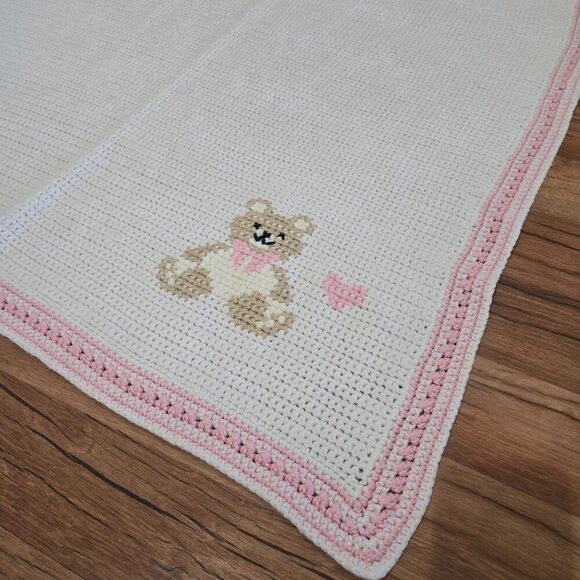 Vintage Handmade Crochet Baby Blanket Pink Trim Cute Teddy Bear Throw Crib - Picture 2 of 4